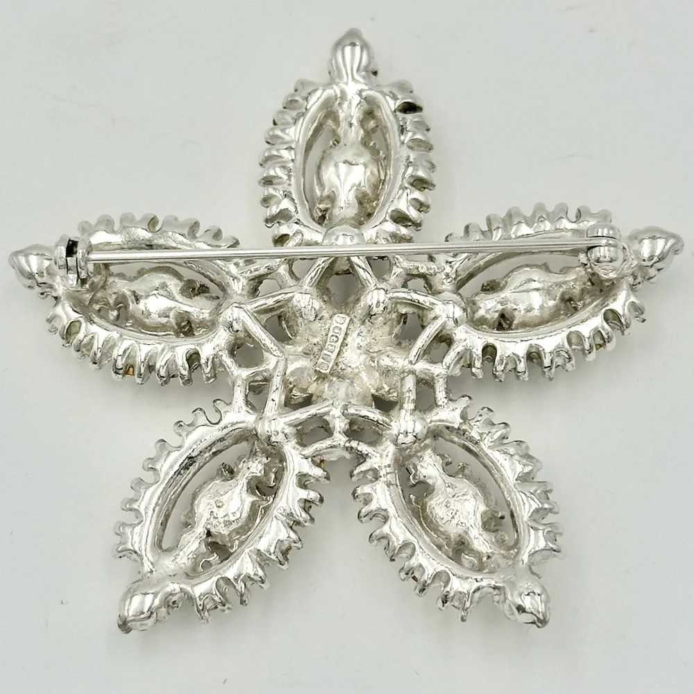 Bogoff Vintage Signed 5 Point Star Clear & Red Rhinestone Brooch